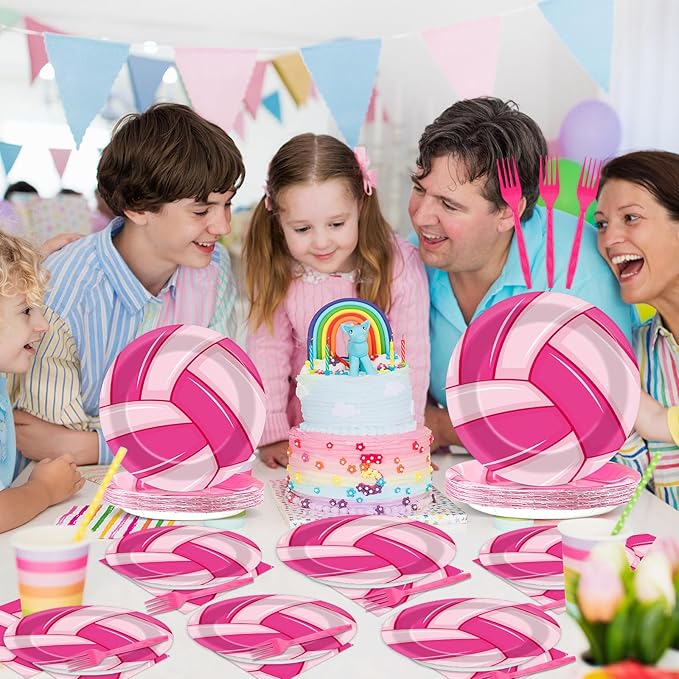 96Pcs Pink Volleyball Party Supplies - Sport Paper Plates, Napkins, Theme Decorations, Dinnerware Favor for Birthday, Baby Shower Tableware - Serves 24