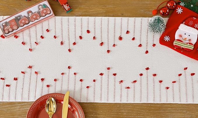 Wracra Christmas Table Runner, Natural Cotton Woven Macrame Table Runners 48 Inches Long for Christmas Decorations,Modern Farmhouse Woven Home Decor, 14x48 Inch, Red