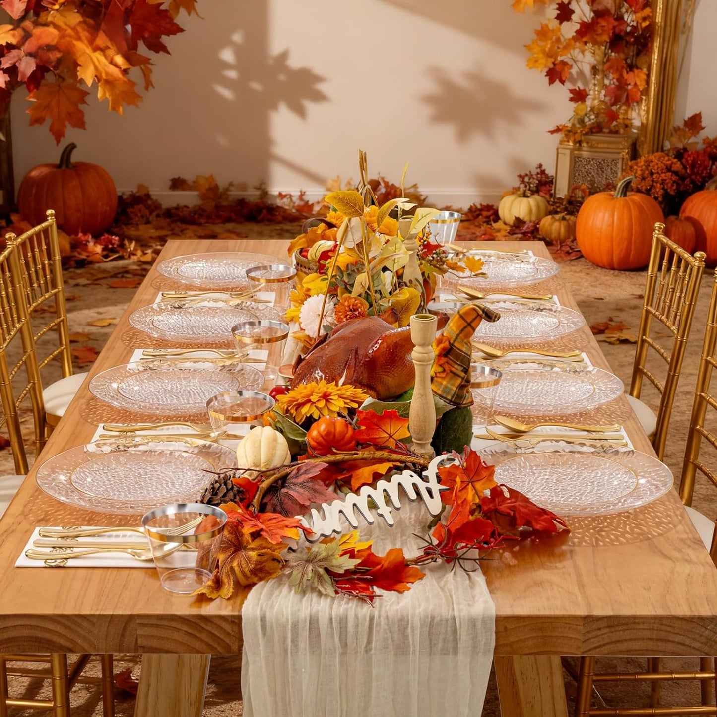 Rubtlamp 350 Pcs Clear Gold Plastic Plates, Hammered Disposable Dinnerware, Clear-Gold Plates Set Include 100 Plastic Platos, 150 Gold Disposable Silverware, 50 Cups And 50 Napkins for Thanksgiving