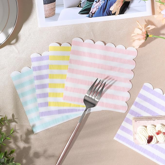 100 Pcs Cocktail Napkins Colorful Stripe Napkins with Scalloped Edges 5 x 5 Inch Dinner Napkins Disposable Thick Paper for Wedding Dinner Birthday Party - Assorted Colors Pink Purple Yellow Blue