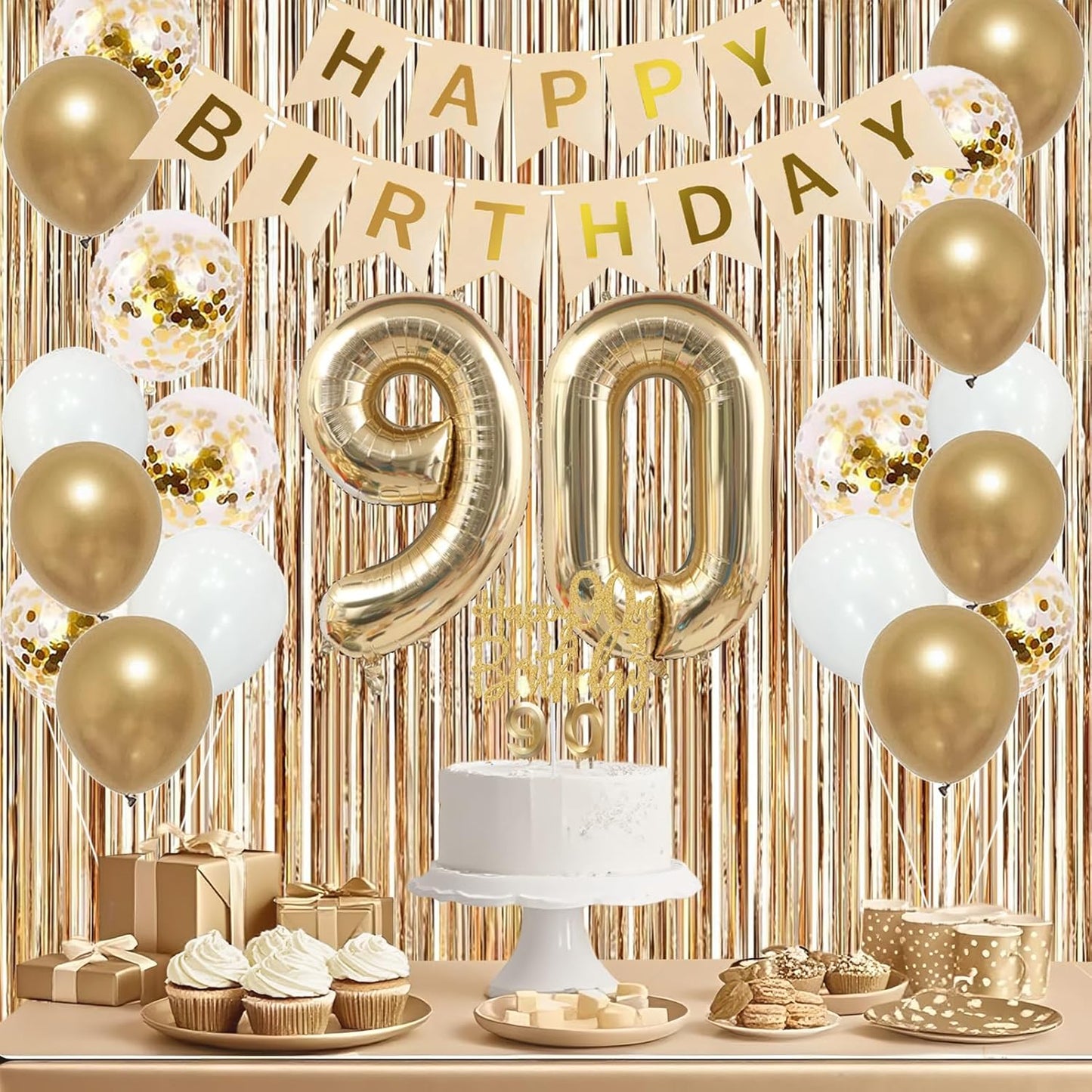 Trgowaul 90th Birthday Decorations for Women, Banner, Sash and Crown, Cake Topper, 90 Number Balloon, Fringe Curtains, Champagne Gold 90th Birthday Party Supplies