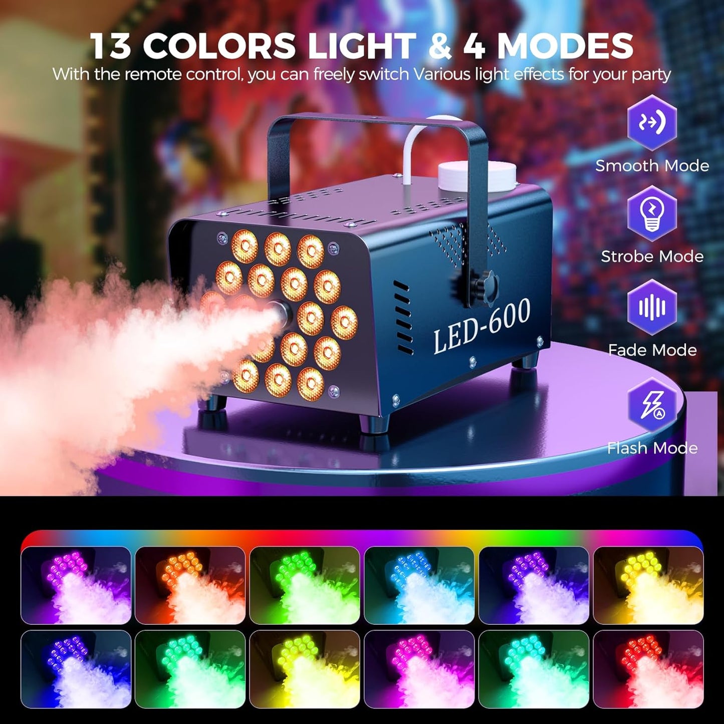 Fog Machine Smoke Machine, 18 LED Lights with 13 Colors, 600W and 2500CFM Fog, Wireless&Wired Remote control, Perfect for Wedding, Halloween, Party and Stage Effect (BLACK)