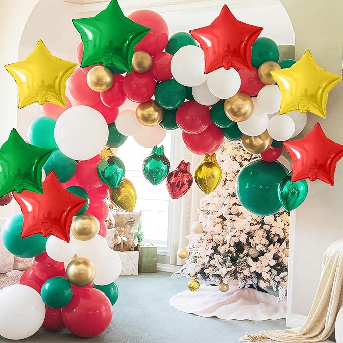 Red Green Gold Star Foil Balloons, 10PCS Xmas Foil Stars Shape Balloon, 18 Inch Large Metallic Stars Balloons Helium Pentagram Balloon for Birthday, Christmas, New Year, Baby Shower Party Decoration