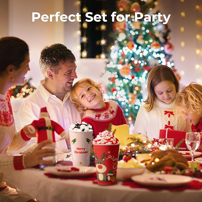 Fit Meal Prep 50 Pack 16 oz Christmas Disposable Coffee Cups, Durable Thickened Christmas Paper Cups for Hot Beverage Chocolate Tea Cocoa, Xmas Party Cups for Kids, Adult, Party, Holiday