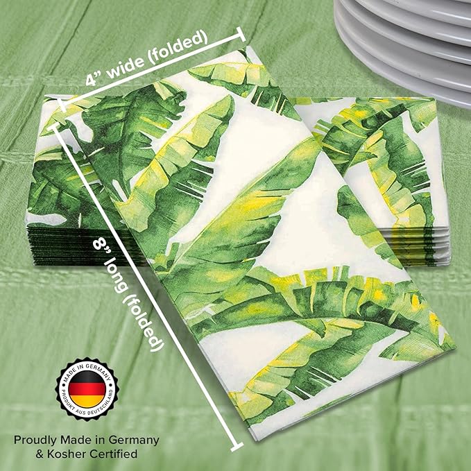 SimuLinen Paper Towels - Decorative Tropical Banana Leaves Design –- Cloth-Like, Linen-Feel for Guest Bathroom Essentials, Size: 12x17” (Pack of 100) Made in Germany