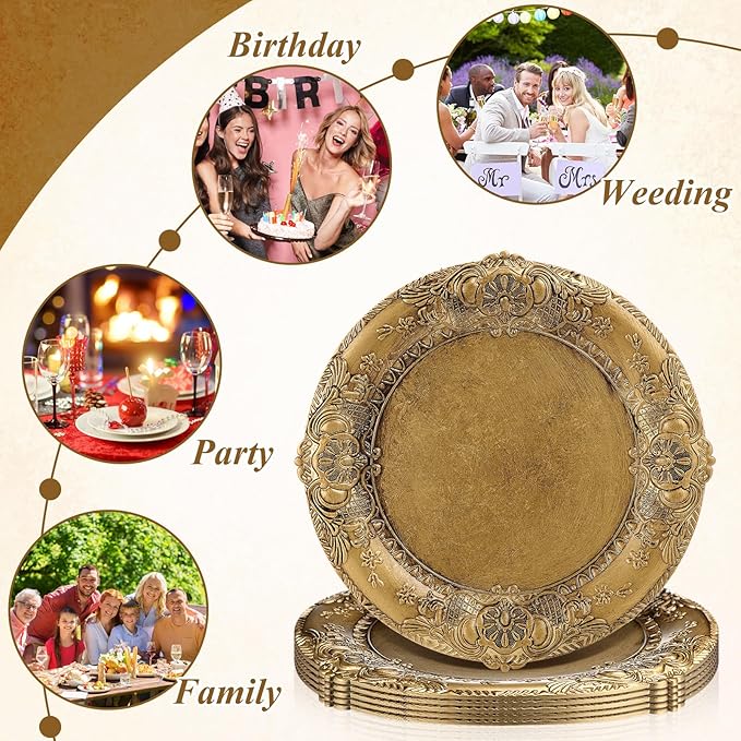 Mifoci Antique Gold Charger Plates Set of 6 Plastic Gold Chargers for Dinner Plates Decorative 13" Round Plate Bulk with Embossed Rim for Dinner, Party, Wedding