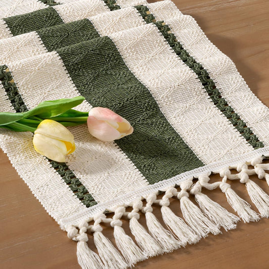Socomi Boho Table Runner Fall Thanksgiving Farmhouse Rustic Dining Kitchen Centerpiece Decor Small Macrame Woven Cotton Linen Coffee Table Runner for Dresser Scarf Home Decor 12x48 inch Olive Green