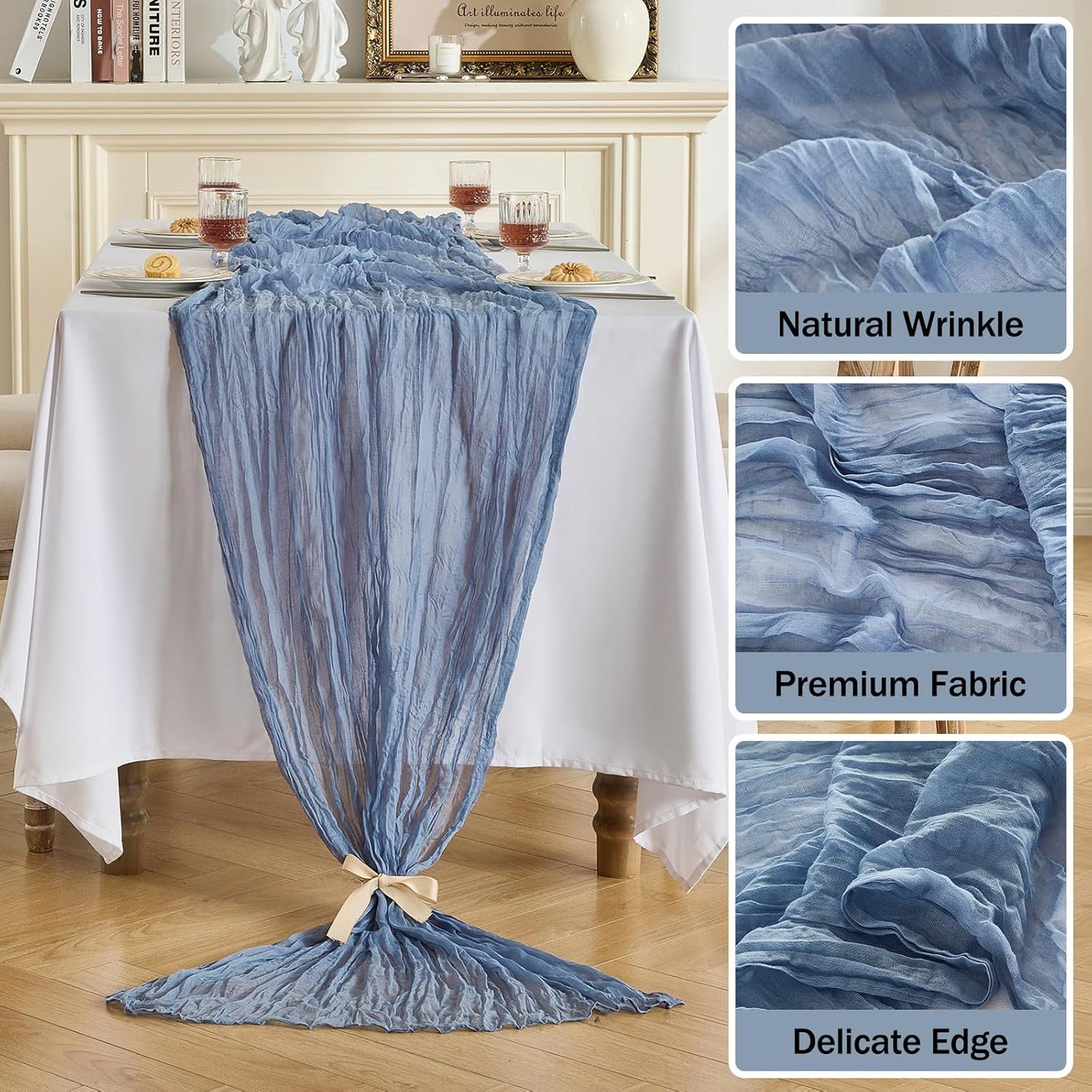 Fanami 6 Pack Cheesecloth Table Runner -10FT Dusty Blue Boho Gauze Cheese Cloth Table Runner 120 Inches Long Rustic Sheer Fabric Centerpieces for Wedding Birthday Party Bridal Baby Shower Decorations