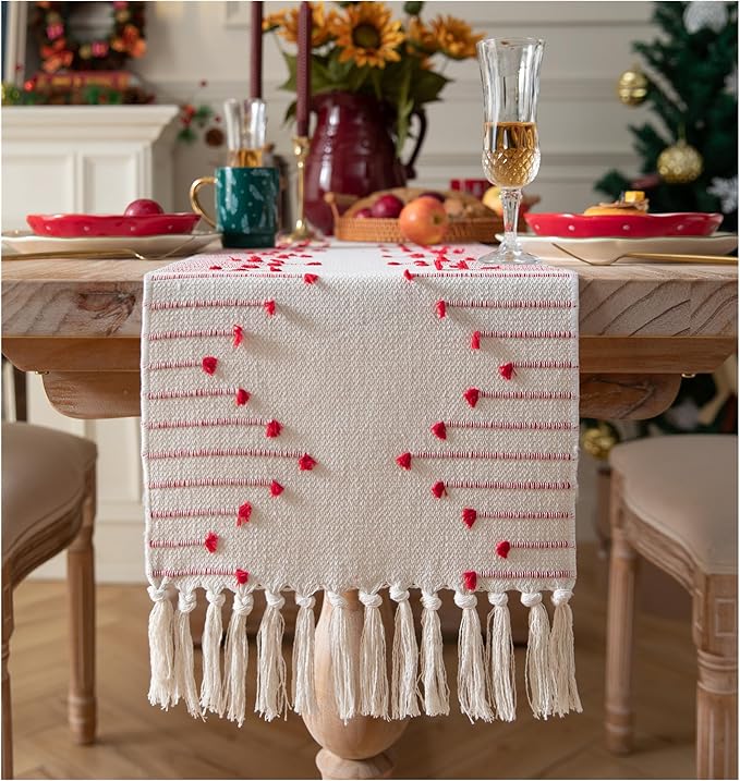 Christmas Table Runner 13 x 72 Inch Long Natural Cotton Woven Runner with Tassels for Home Dining Christmas Decorations, for Modern Farmhouse Holiday Boho Red Table Runner