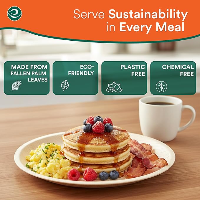 ECO SOUL 10 Inch Disposable Palm Leaf Plates [200 Pack] Premium Food-Safe Heavy Duty Compostable Bamboo Paper Plates for Lunch, Dinner, Birthday, Weddings, Party, Camping & Catering Events [Round]