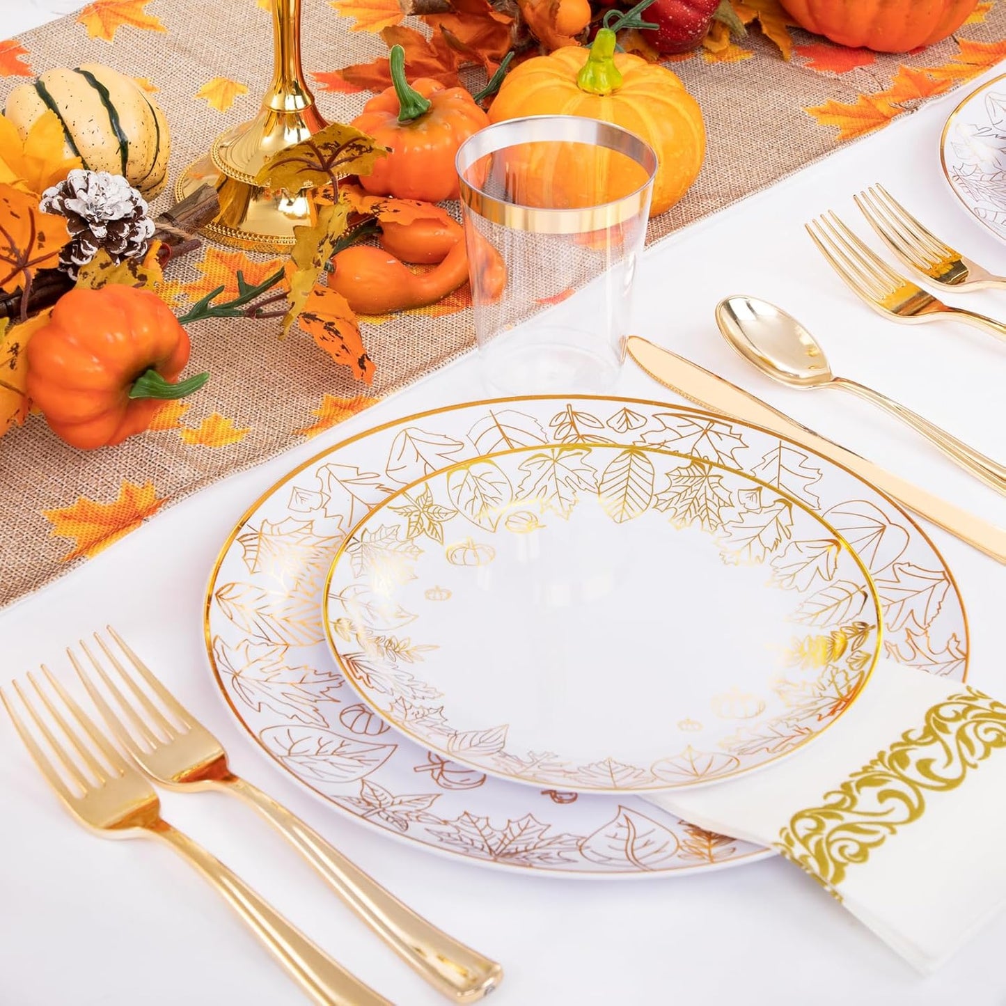 Supernal 175pcs Thanksgiving Gold Plastic Plates,Disposable Dinnerware Set,Elegant Thanksgiving Maple Leaf Design,25Gold Plastic Silverware,25Gold Disposable Cups and Gold Paper Napkins