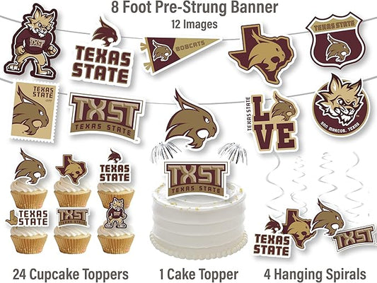 Texas State Party Supplies for TXST Football, Birthday Gift, Graduation Party Banner and Cake Toppers (42 Pieces) (Texas State Bobcats)