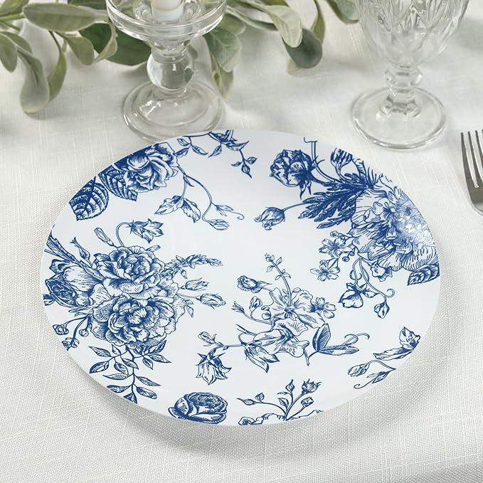 Efavormart 10-Pack French Toile Plastic Dinner Plates – Blue & White Floral, 10" Round Disposable Party Plates