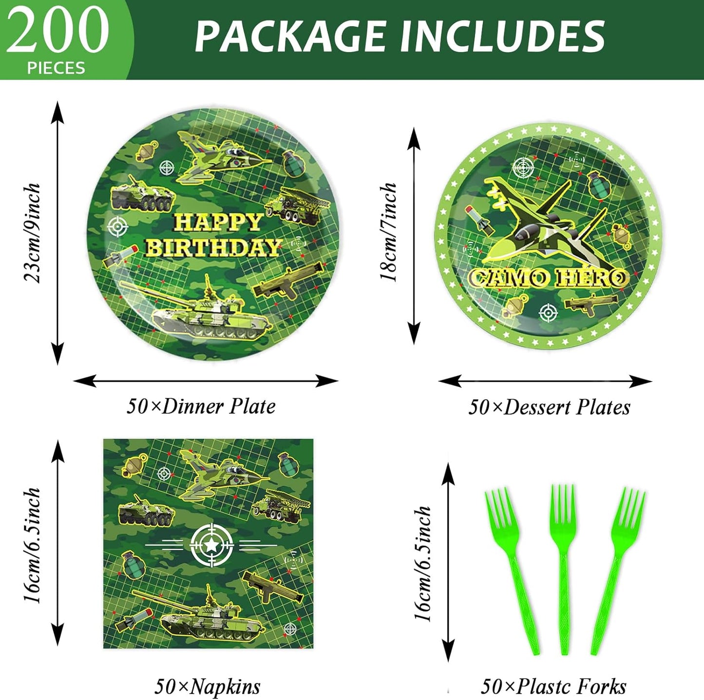 50 Guests Army Birthday Party Decorations - Camo Supplies, Plates, Napkins - Military Soldier Camouflage Favors for Baby Shower - 200 PCS