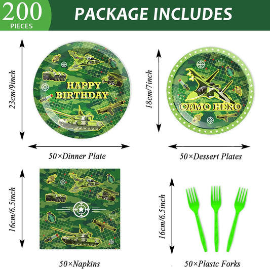 50 Guests Army Birthday Party Decorations - Camo Supplies, Plates, Napkins - Military Soldier Camouflage Favors for Baby Shower - 200 PCS