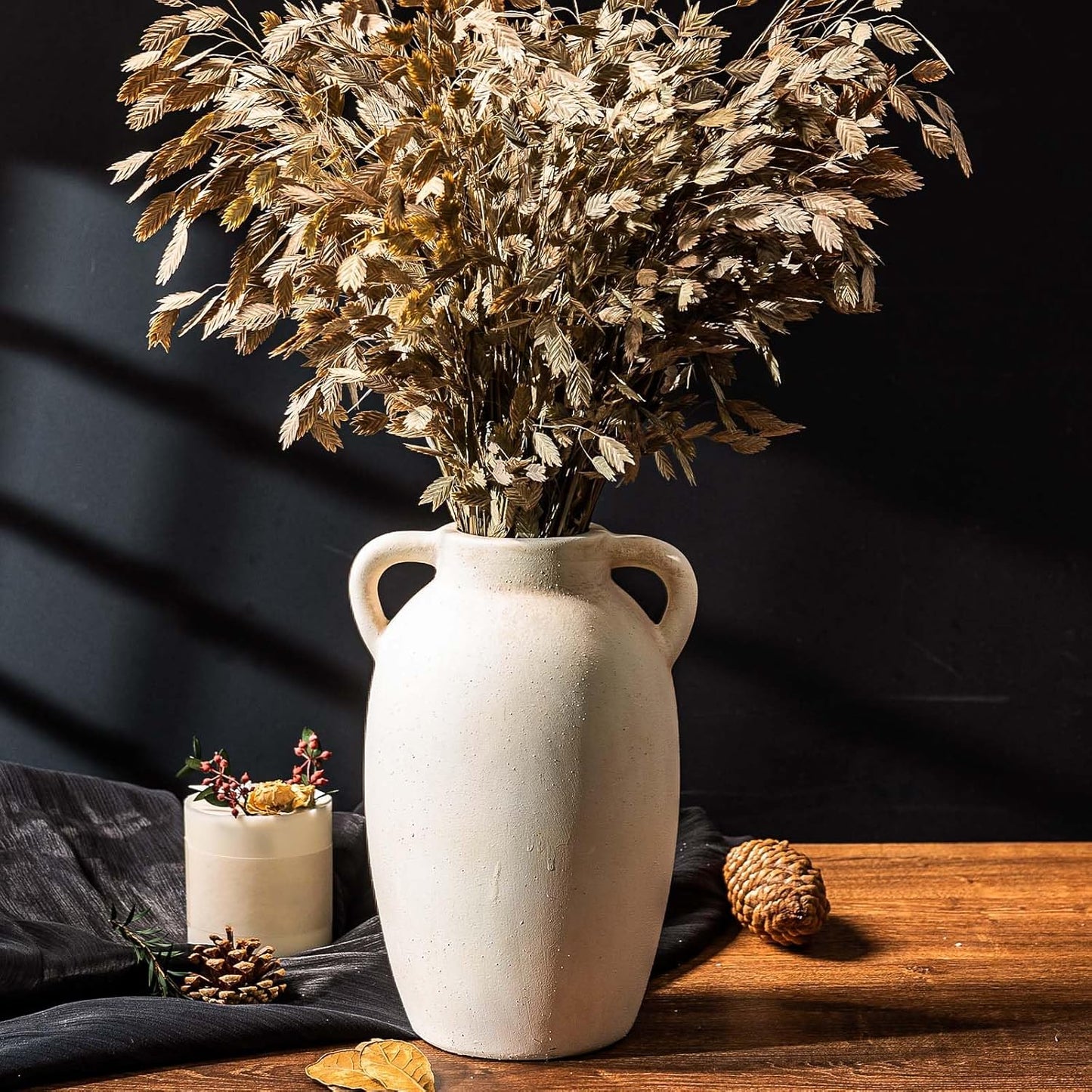 Rustic Ceramic Flower Vase with 2 Handles, Small Decorative Terracotta Boho Vase for Living Room, Table Centerpiece, Shelf Decor, Farmhouse, Entryway - 9.8 Inch Tall, Vintage White