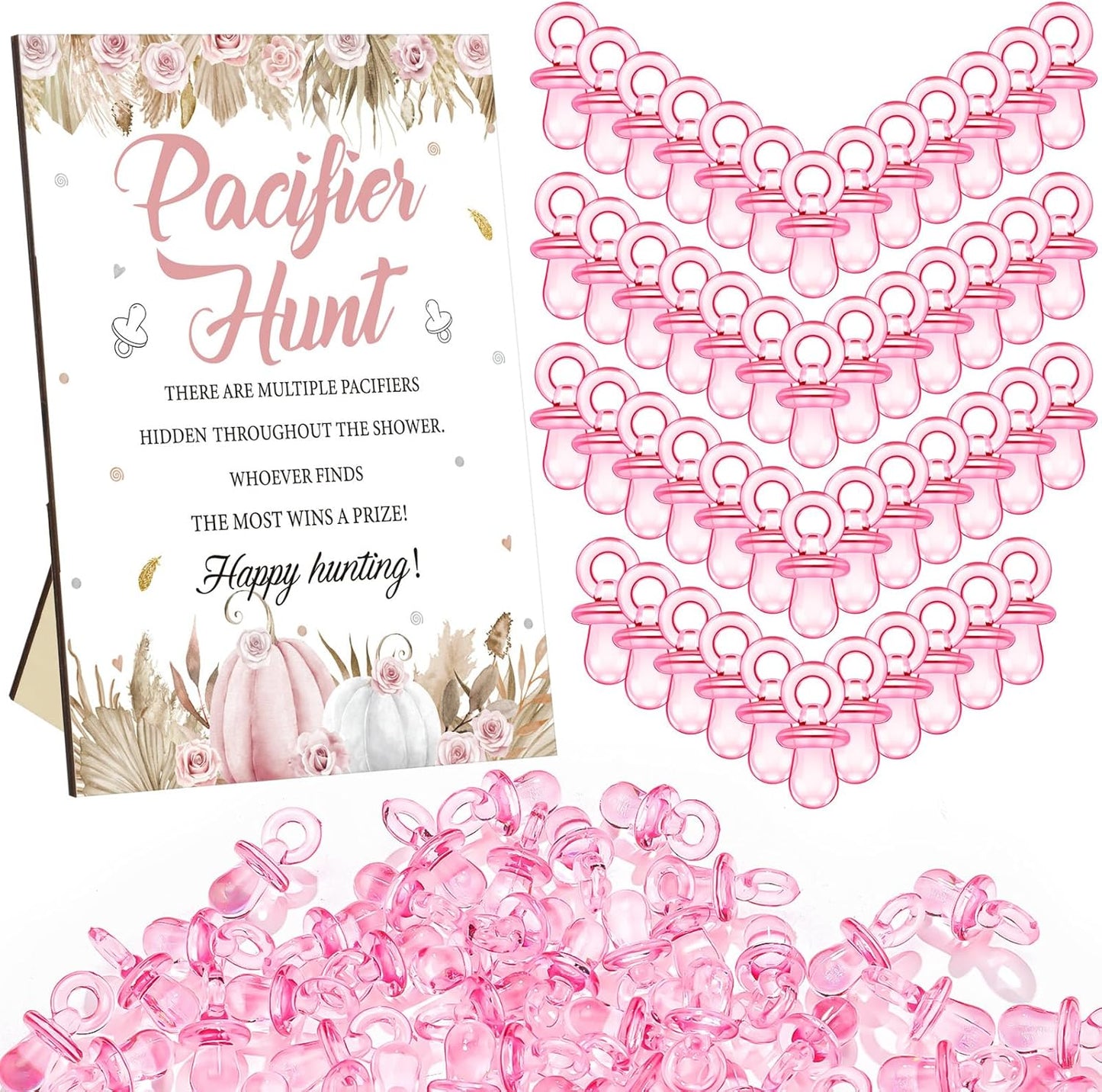 Thyle 51 Pcs Pacifier Hunt Baby Shower Games Include Hunt Sign and 50 Acrylic Pacifiers for Baby Shower Game Decoration Gift Sets Gender Reveal Party Decor(Boho Pumpkin)