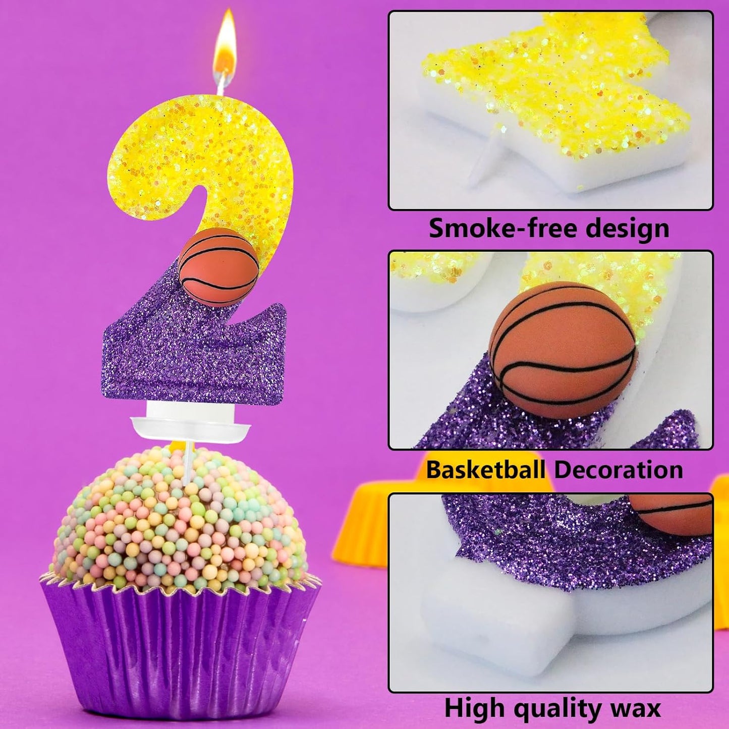 HXOUSE Basketball Number 2 Birthday Candles - Purple Gold Birthday Candles for Cake, 2 Candle for Basketball Theme Cake Topper, Boys Sport Party Decorations Gifts (No.2)