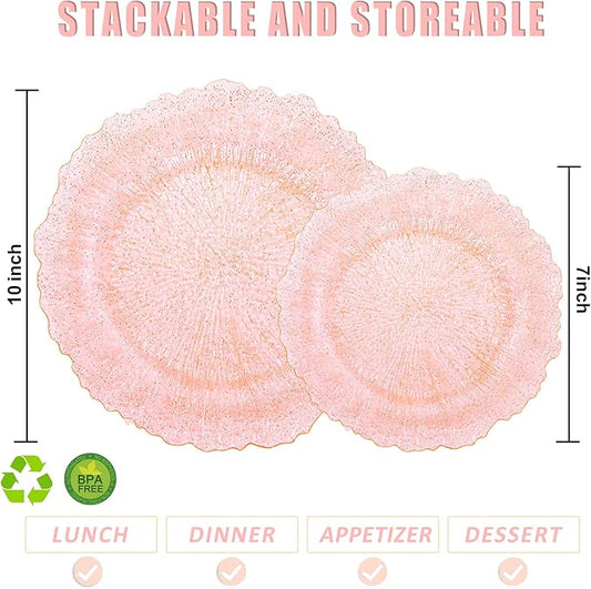 U-QE 60PCS Pink Plates for Party - Pink Plastic Plates Disposable Heavy Duty - Clear Pink Plastic Plates for Mother's Day Including 30 Plastic Dinner Plates 10" & 30 Plastic Dessert Plates 7"