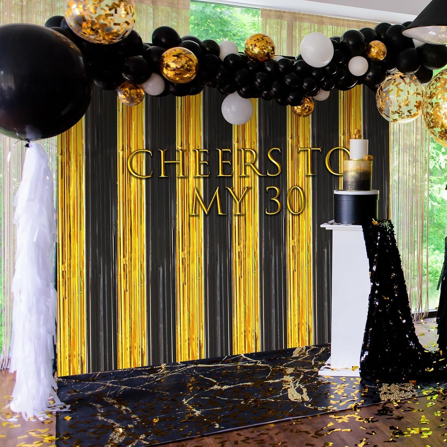 Accevo 3Pack Black Gold Party Streamers 3.2x8.2 Feet Metallic Foil Fringe Curtains Tinsel Streamers Party Decor Photo Booth for Christmas New Year Party Decorations Gold Black Party Decoration