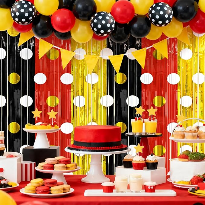2 Packs Red Black Yellow Foil Fringe Curtain, Mouse Polka Dots Glitter Metallic Tinsel Backdrop for Birthday Baby Shower Cartoon Mouse Party Decorations Supplies