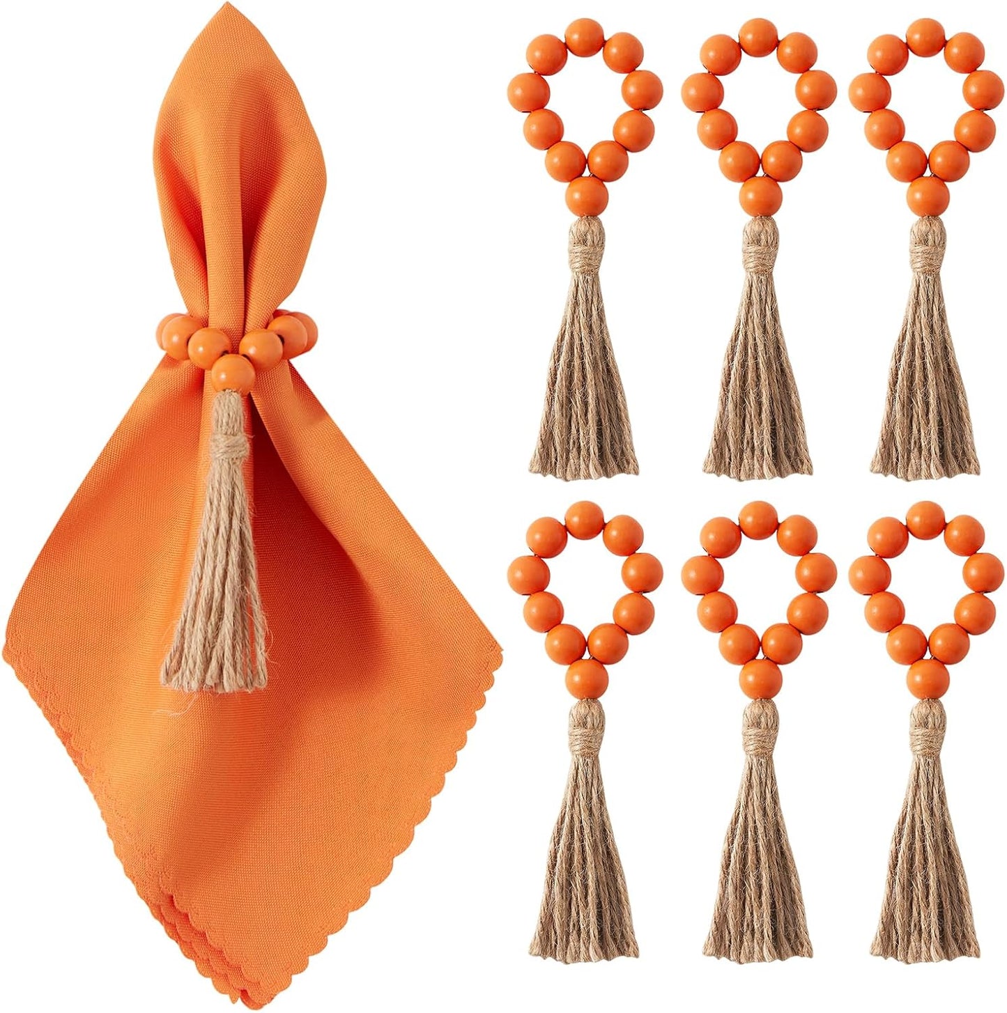 AWTWOW Napkin Rings Set of 6, Orange Wooden Bead Napkin Rings for Table Decor, Thanksgiving Farmhouse Napkins Rings for Boho Table Decor, Fall Banquet, Wedding, Holiday Dinner Party, Easter