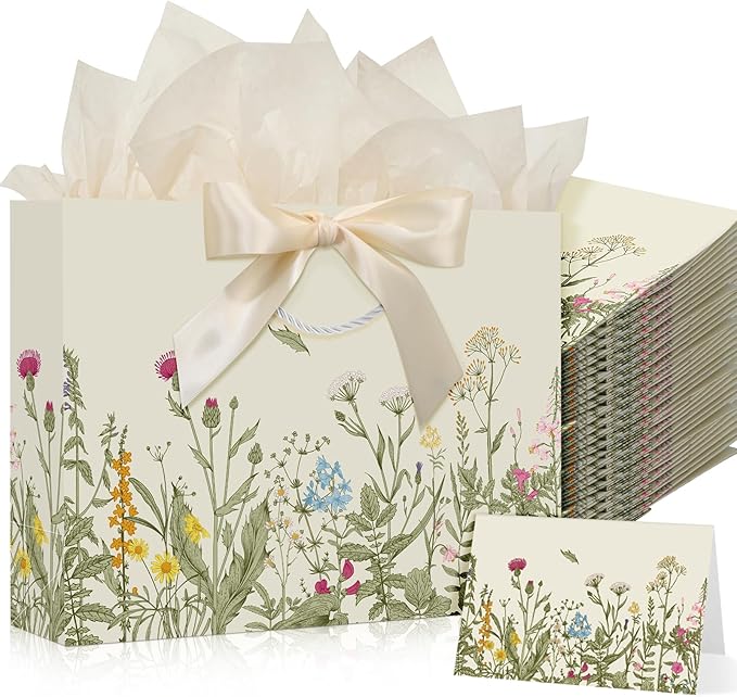 Maitys 12 Pack 13" Large Spring Wildflower Gift Bag Vintage Floral Paper Bags with Handles, Tissue Papers, Ribbons and Greeting Cards for Wedding Bridal Showers Birthday Baby Shower Party Decorations