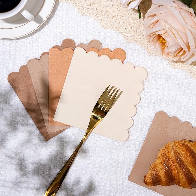 100 Pcs Light Brown Scalloped Napkins Gradient Color Cocktail Napkin Folded 5 x 5 Beverage Napkins Disposable Paper Napkins for Birthday Party Supplies
