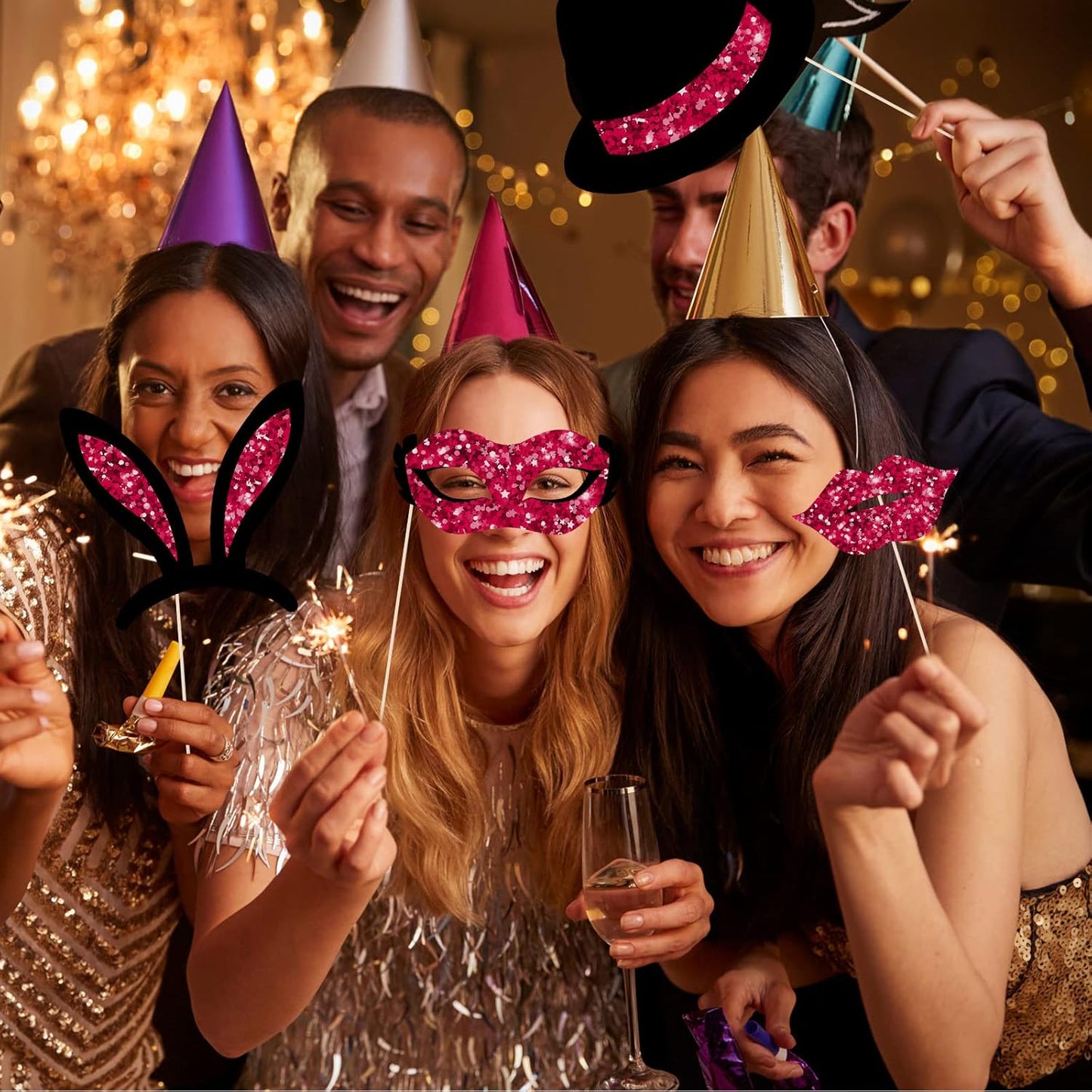 Zonon 24 Pieces Funny Photo Booth Props:Halloween,Christmas,Family Reunion, Class Reunion, Birthday, Weddings, Prom Disco Mardi Gras Party Supplies - Mix of Hats, Lipstick, Tie(Burgundy and Black)