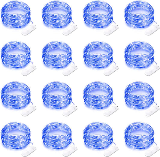 16 Pack Led Fairy Lights Battery Operated String Lights 10 Feet 30 LED Waterproof Twinkle Lights Mason Jar Lights Silver Wire Firefly Lights for Christmas Party Wedding Patio (Blue)