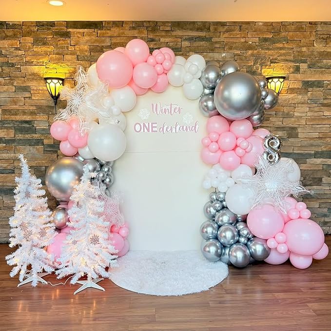 Pink and Silver Balloons Arch Kit, 134pcs Metallic Silver,Pastel Pink,Confetti Balloons Garland Kit for Winter Wonderland Baby Shower Princess Birthday Party Bridal Shower Wedding Party Decoration