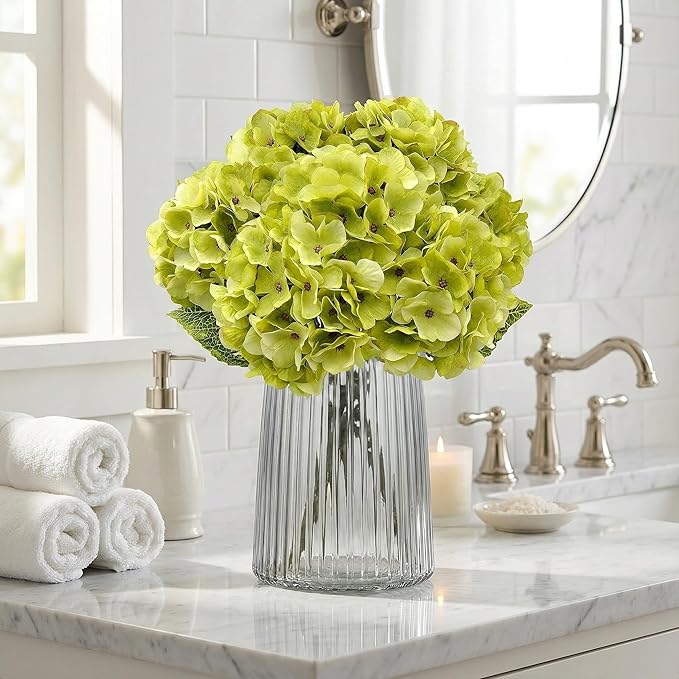 2Bouquets Artificial Fake Flowers Plants Silk Hydrangea Arrangements Wedding Bouquets Decorations Plastic Floral Home Kitchen Garden Party Festival Bar DIY(Chartreuse,5 Flower Heads)