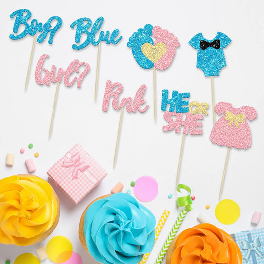 24Pcs Boy or Girl Cupcake Toppers Glitter Feet Onesie Dress Gender Reveal Cupcake Picks Pink or Blue Cake Decorations for Baby Shower Gender Reveal Kids Birthday Party Supplies