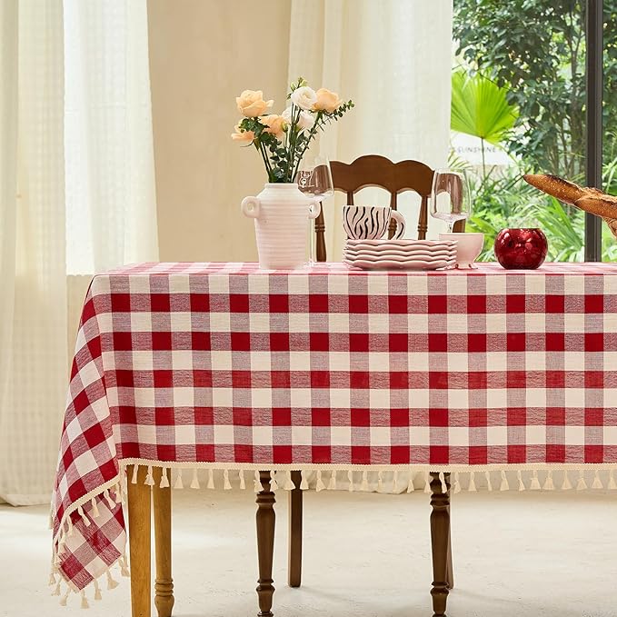 Rectangle Tablecloth - Rustic Gingham Buffalo Plaid Table Cloth for Thanksgiving Christmas Kitchen Dining Room (55x84 Inch, Red and White)
