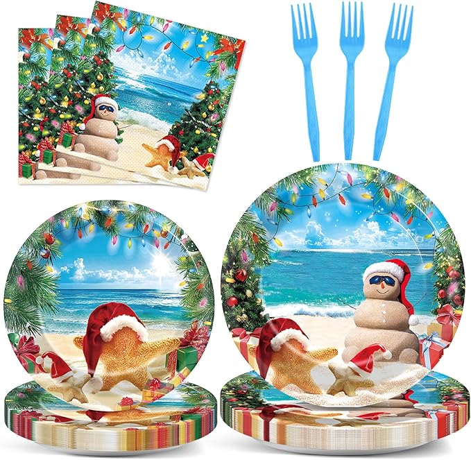 CHUNNIN 96 Pcs Summer July Christmas Plates and Napkins Xmas in July Party Decorations Disposable Dessert Plates Hawaiian Beach Tableware Set for 24 Guests Tropical Birthday Party Supplies