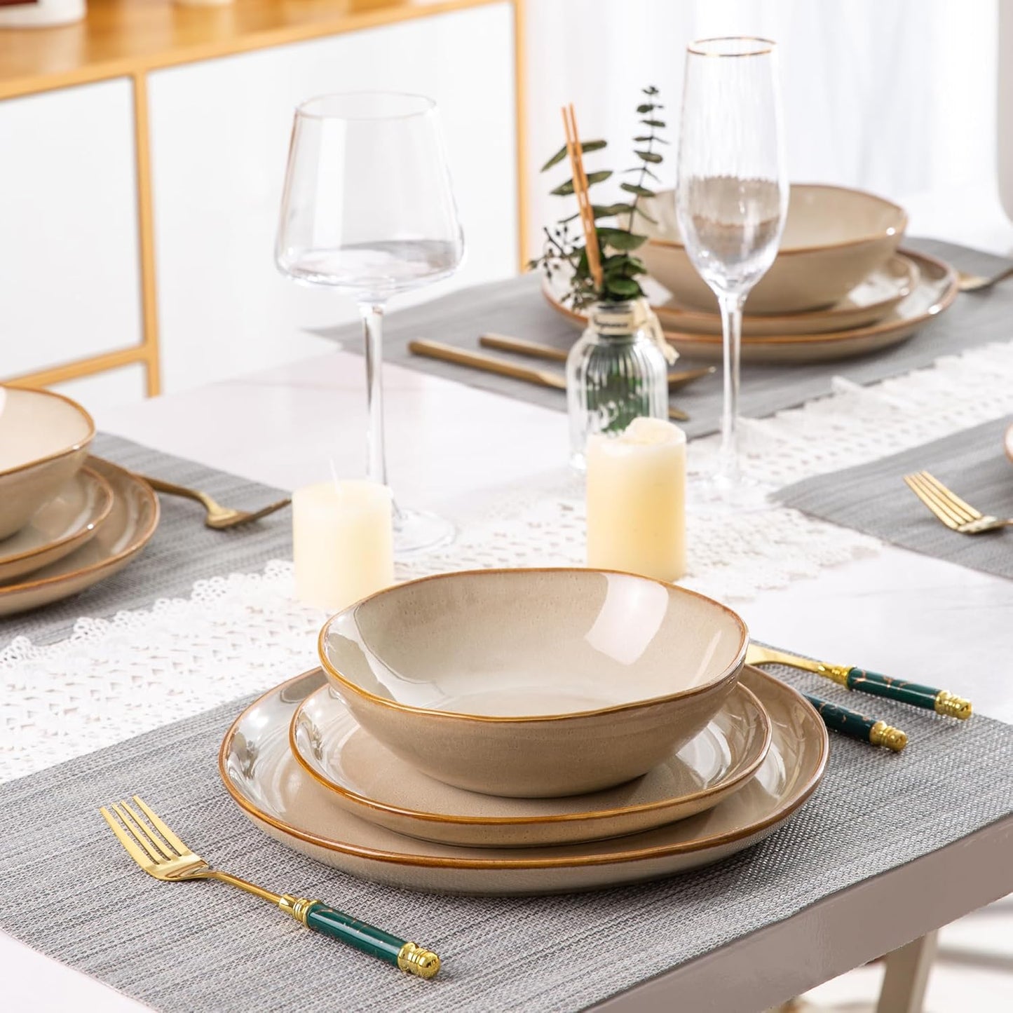 AmorArc Ceramic Dinnerware Sets,Handmade Reactive Glaze Stoneware Plates and Bowls Set,Highly Chip and Crack Resistant Dishware | Dishwasher & Microwave Safe Dishes,Service for 4 (12pc)