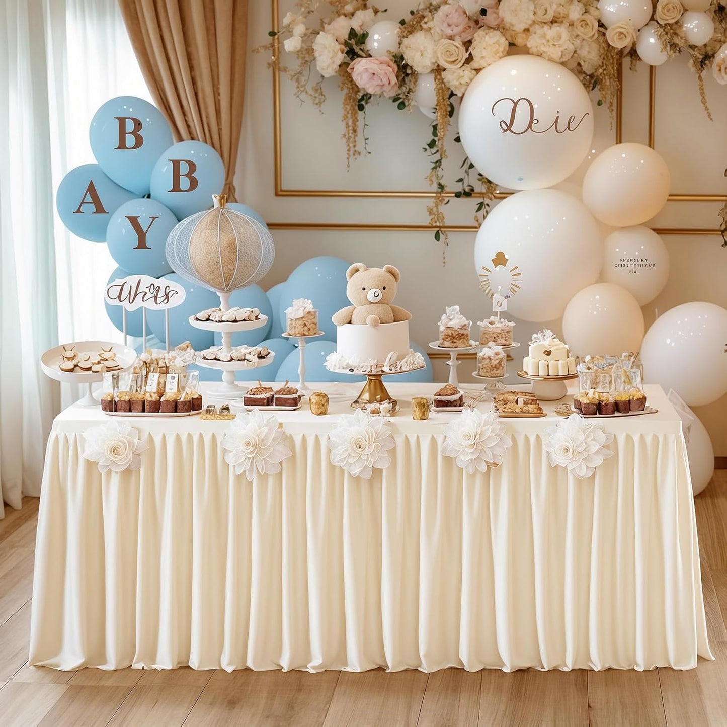 Light Champagne Polyester Table Clothes for 4 Foot Rectangle Tables, Wrinkle Free Fitted Table Cover with Pleated Ruffle Table Skirt for Birthday Party Wedding Trade Show Event Display