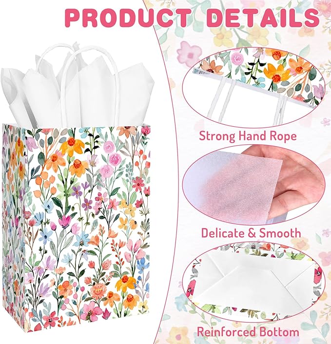 JarThenaAMCS 24Pcs Wildflower Paper Gift Bags Watercolor Floral Colorful Flower Party Favor Bags with Handle and 30 Sheets Tissue Paper for Wedding Birthday Baby Shower Wrapping