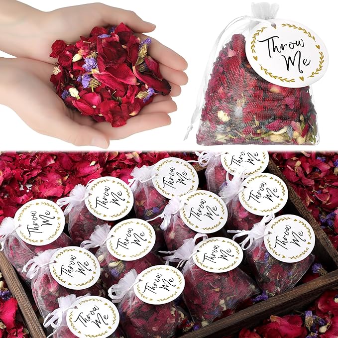 Suncalla 700g 100 Packs Wedding Confetti Biodegradable Flower Petals with Throw Me Stickers Mixed Dried Real Flower Confetti for Party Send off Exit Ideas Bridal Proposal Bath Wedding(Dried Petals)