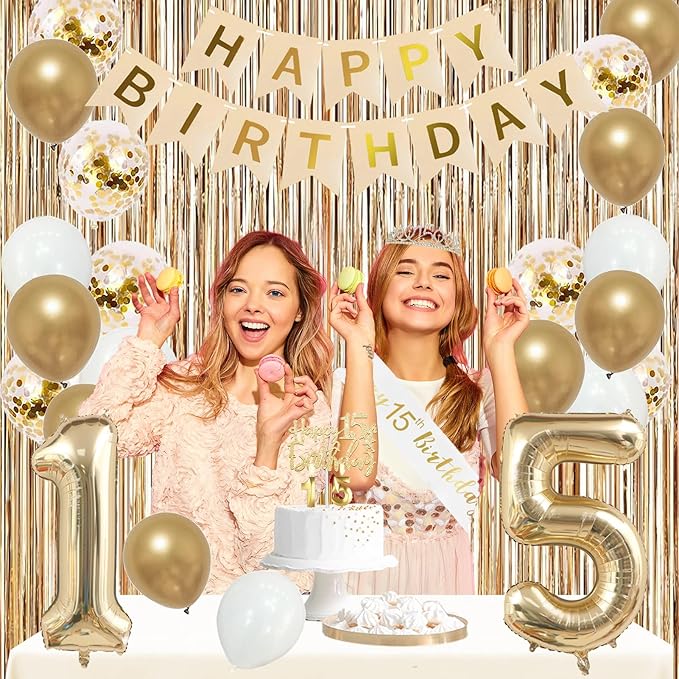 Trgowaul 15th Birthday Decorations for Girls, Banner, Sash and Crown, Cake Topper, 15 Number Balloon, Fringe Curtains, Champagne Gold 15th Birthday Party Supplies