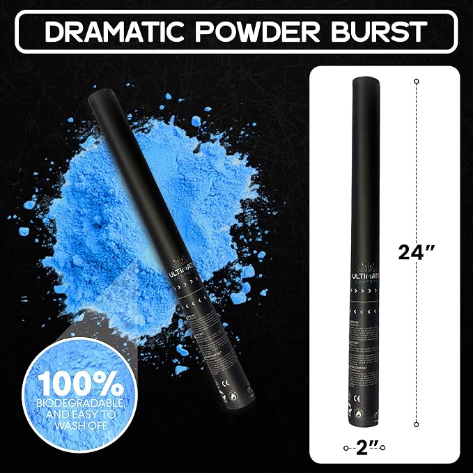 Ultimate Confetti – Handheld Gender Reveal Powder Cannon 24” Blue – Non-Toxic Food-Grade Powder Popper Cannon – Pre-Filled, Leak-Resistant Single-Use Cannon – 15–25 ft Outdoor Photo-Ready Explosion