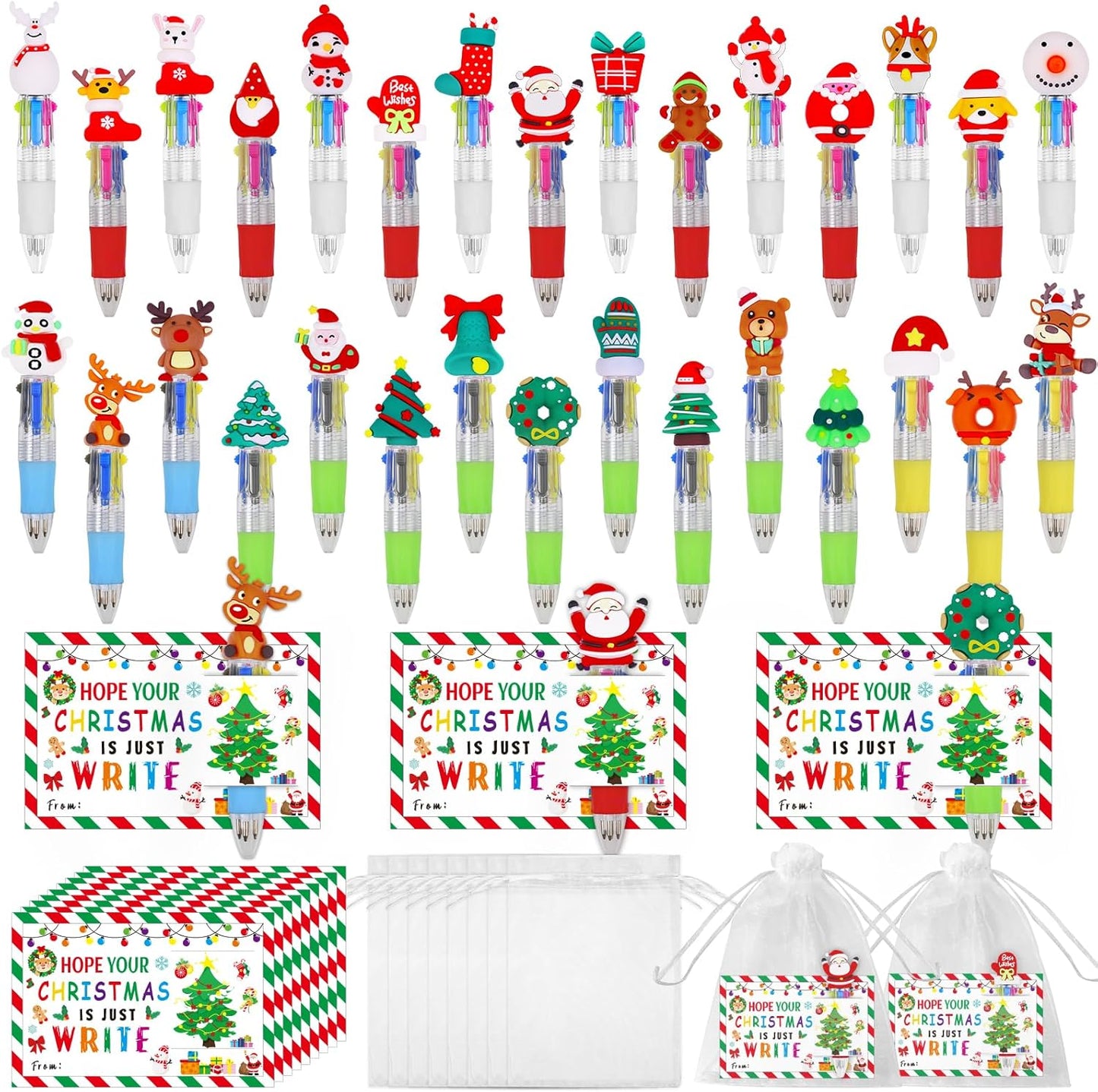 30 Set Cute Multicolor Pens in One 4-in-1 Fun Pens Bulk with 30 Gift Cards for Kindergarten Party Christmas Student Gift Bulk Office School Exchange Gifts