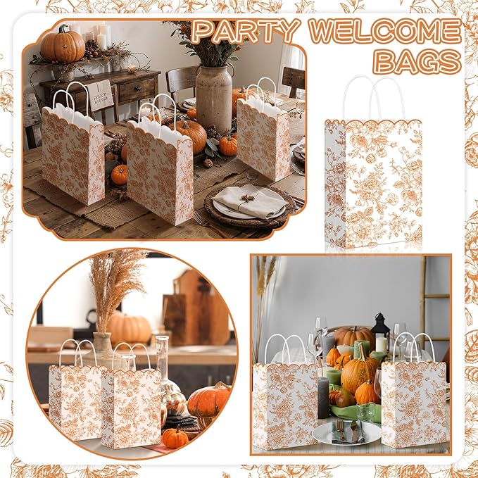 Kolldenn 24 Pcs Fall Floral Gift Bags with Handles Fall Party Favor Candy Treat Goodie Bags Scalloped for Birthday Decoration for Bridal Baby Shower Party Supplies