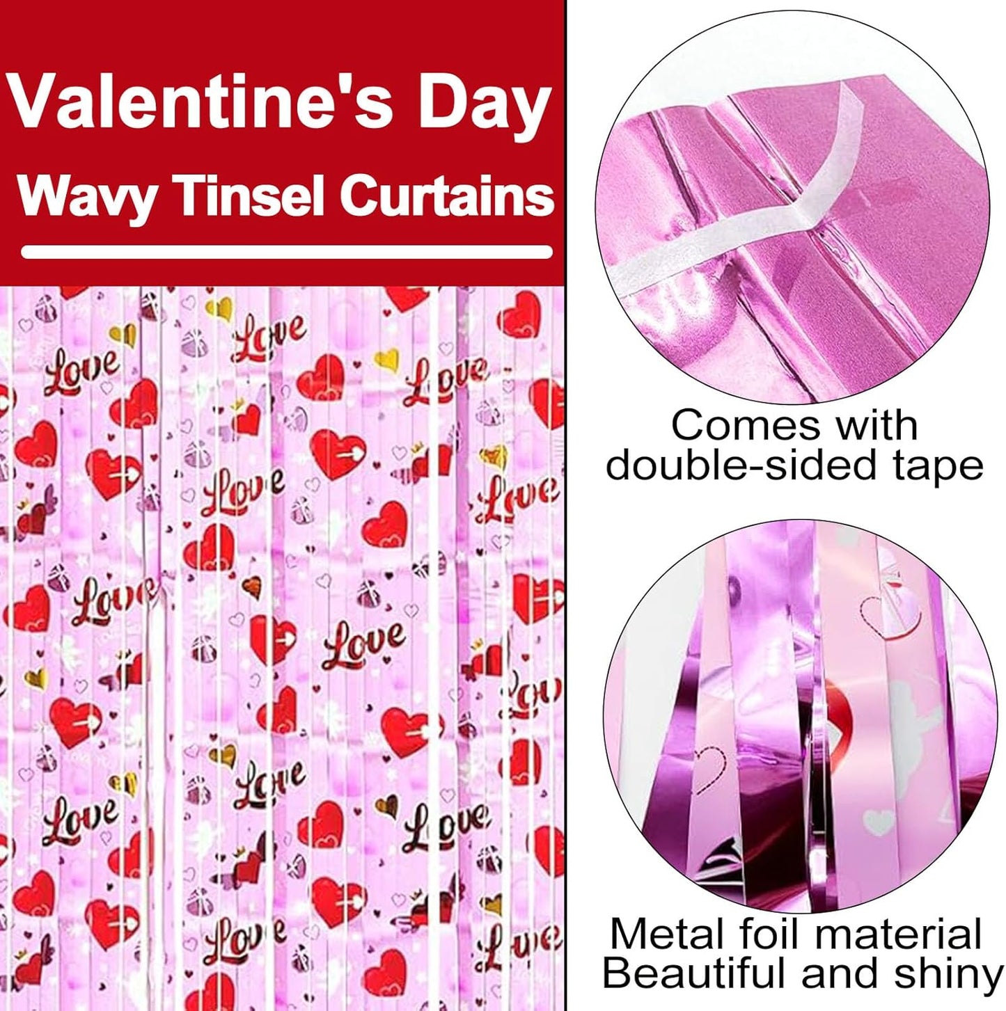 4 Pack Love Pink Fringe Curtain Backdrop 3.2Ft x 8.2Ft Metallic Tinsel Foil Fringe Streamers Background for Photo Booth Mother's Day, Easter, Carnival, Birthday, Wedding Party Decoration