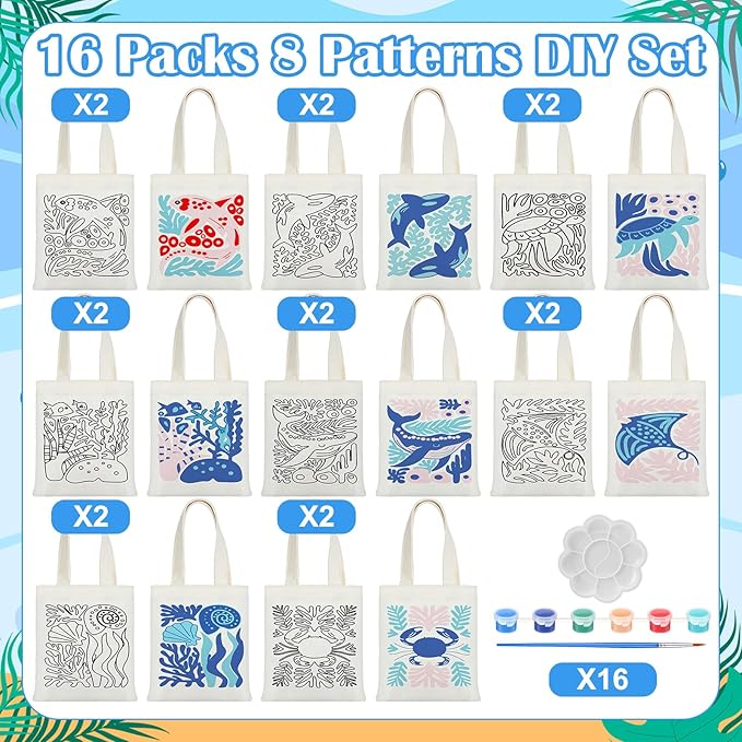 Aliceset 16 Pcs Color Your Own Bag Canvas Tote Bag for Painting 7.9'' x 8.6'' Mini Doodle DIY Craft Gift Reusable Cotton Bulk