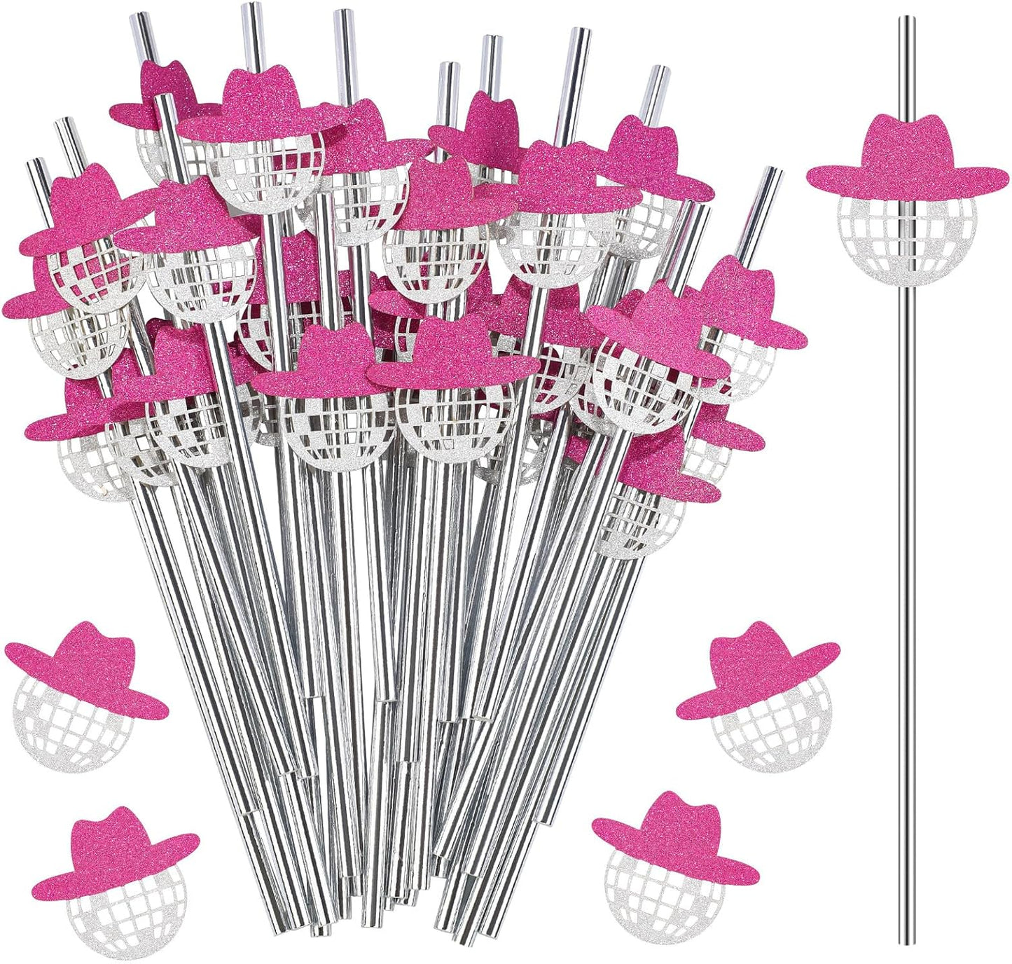 Tanlade 50 Pcs Mini Disco Ball Straws 70s Disco Straws Mirror Glitter Cowgirl Hat Party Decorations for Dance Holiday Wedding Birthday Supplies(Pink)