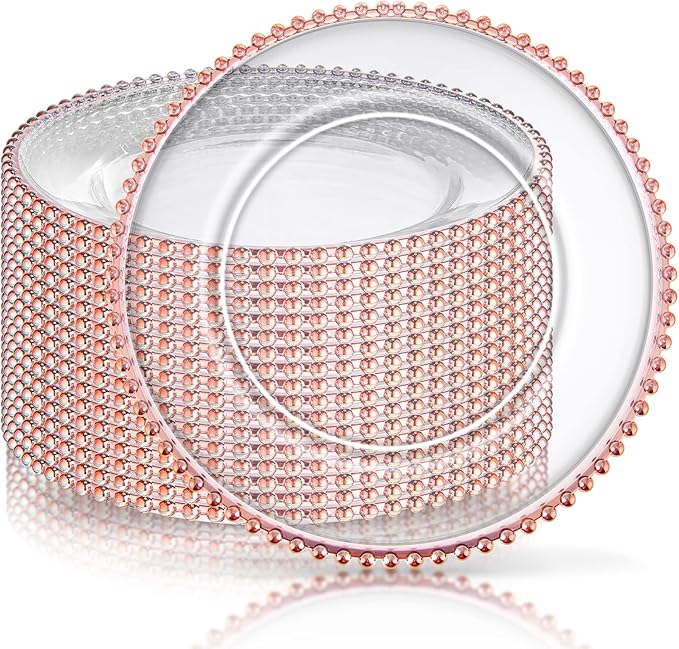 Zopeal 18 PCS Clear Charger Plates with Beaded Rim 13 Inch Plastic Round Charger Plates Bulk for Dinner Home Kitchen Wedding Party Tabletop(Rose Gold)