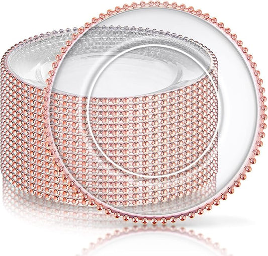 Zopeal 18 PCS Clear Charger Plates with Beaded Rim 13 Inch Plastic Round Charger Plates Bulk for Dinner Home Kitchen Wedding Party Tabletop(Rose Gold)