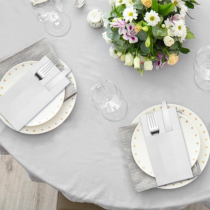 White Napkins Hand Towels Disposable, Linen-Feel Dinner Napkins with Prefolded Built-in Flatware Pocket, Guest Paper Hand Towels For Wedding, Dinner Or Party (16x16in, 50Pack）