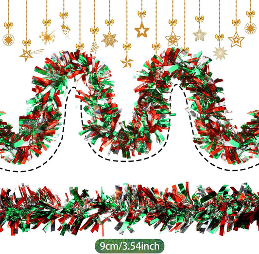 Sosation 100 ft Christmas Tinsel Garland Christmas Tree Twist Garland Bulk Glitter Metallic Streamer Indoor Outdoor Hanging Xmas Decorations(Silver Red Green)